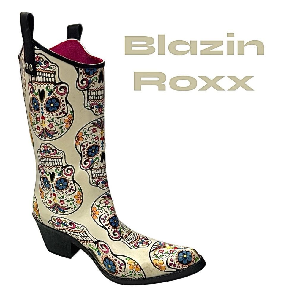 Blazin Roxx Women’s Sugar Skull Rain Boots Size 10 Western Cowgirl Rubber Boots